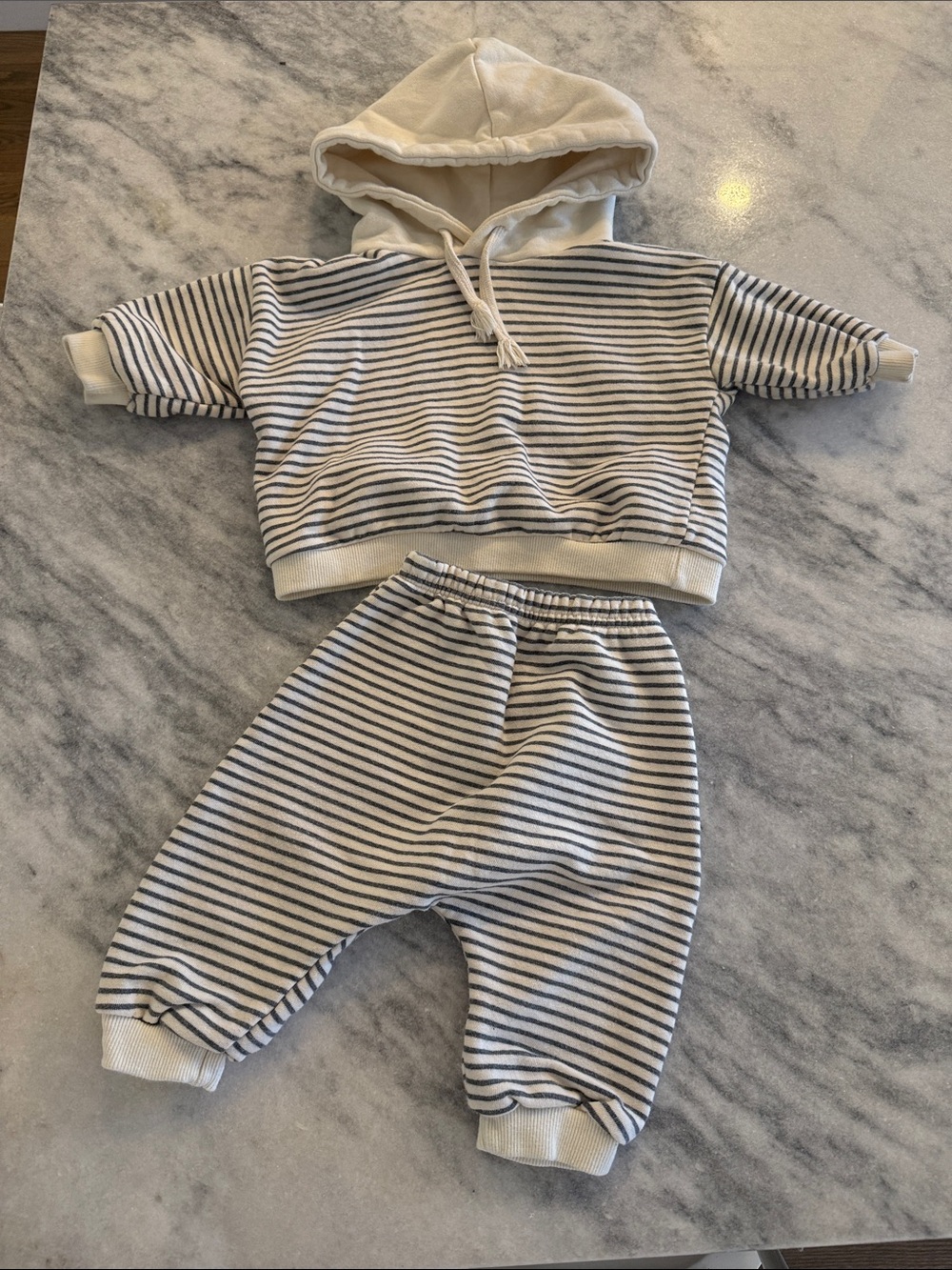 Striped Baby Hoodie & Jogger Set in Cream and Navy